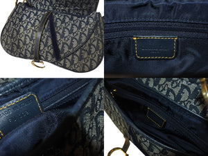 ChristianDior クリスチャンディオール トロッター ダブルサドルバッグ キャンバス レザー ネイビー ゴールド 美品 中古 4b001263