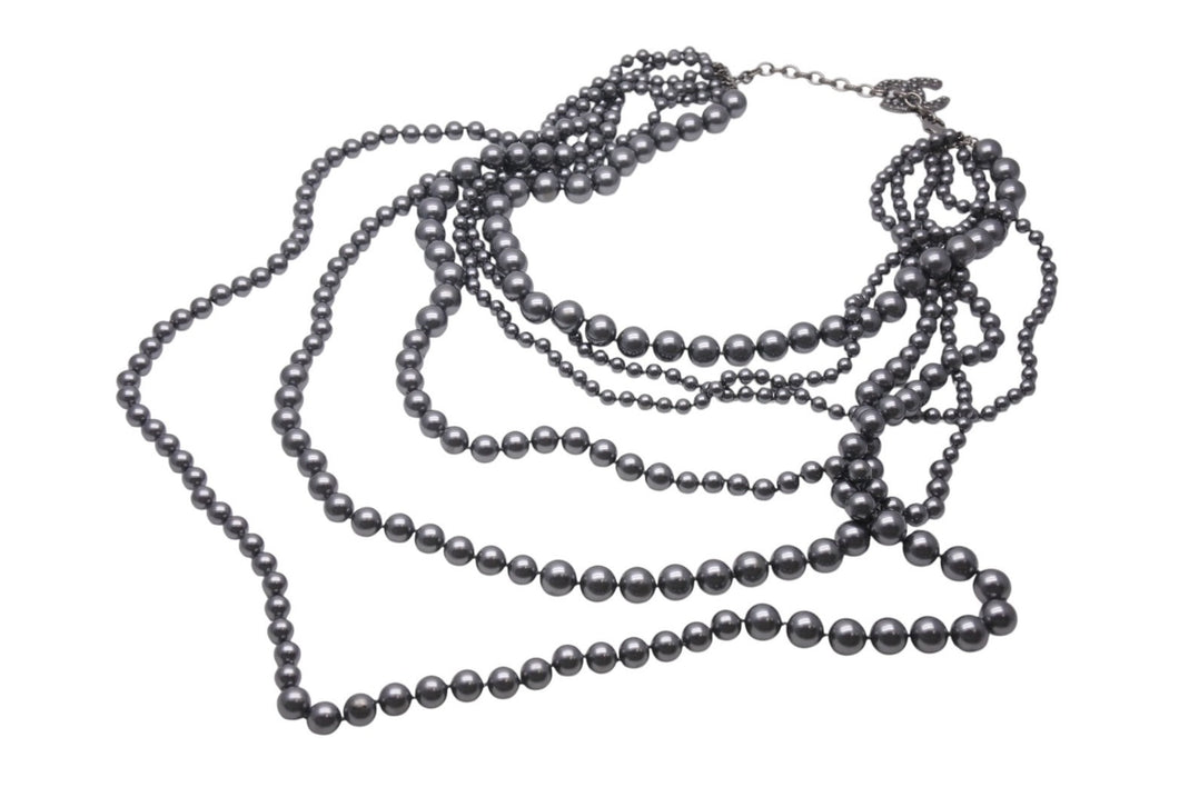 CHANEL シャネル 6連 パールネックレス A14C刻印 ココマーク メタリック フェイクパール グレー ブラック系 美品 中古 4b001298