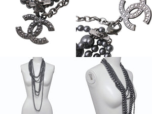 CHANEL シャネル 6連 パールネックレス A14C刻印 ココマーク メタリック フェイクパール グレー ブラック系 美品 中古 4b001298