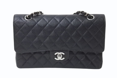 極美品 CHANEL シャネル マトラッセ25 Wフラップ Wチェーンショルダーバッグ 6番台 ココマーク キャビアスキン ブラック シルバー金具 中古 4b001355