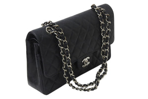 極美品 CHANEL シャネル マトラッセ25 Wフラップ Wチェーンショルダーバッグ 6番台 ココマーク キャビアスキン ブラック シルバー金具 中古 4b001355