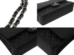 極美品 CHANEL シャネル マトラッセ25 Wフラップ Wチェーンショルダーバッグ 6番台 ココマーク キャビアスキン ブラック シルバー金具 中古 4b001355