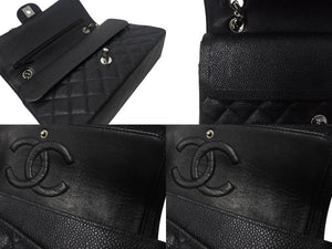 極美品 CHANEL シャネル マトラッセ25 Wフラップ Wチェーンショルダーバッグ 6番台 ココマーク キャビアスキン ブラック シルバー金具 中古 4b001355