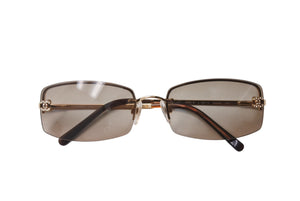 極美品 CHANEL シャネル リムレス サングラス 4093-B c.125/13 サイズ56□16 130 ココマーク ラインストーン ブラウン ゴールド 中古 4b001356