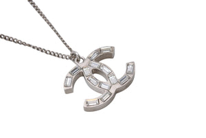 極美品 CHANEL シャネル ココマーク ネックレス アクセサリー メタル スクエアラインストーン シルバー 9.0g 中古 4b001365