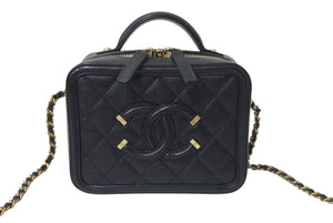 極美品 CHANEL シャネル CCフィリグリー スモールチェーンバニティバッグ A93343 26番台 キャビアスキン ブラック ゴールド金具 4b001383