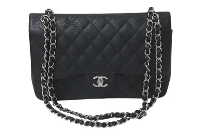 極美品 CHANEL シャネル デカマトラッセ30 Wフラップ Wチェーン ショルダーバッグ 15番台 キャビアスキン ブラック シルバー金具 中古 4b001384