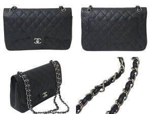 極美品 CHANEL シャネル デカマトラッセ30 Wフラップ Wチェーン ショルダーバッグ 15番台 キャビアスキン ブラック シルバー金具 中古 4b001384