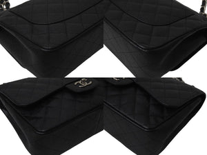 極美品 CHANEL シャネル デカマトラッセ30 Wフラップ Wチェーン ショルダーバッグ 15番台 キャビアスキン ブラック シルバー金具 中古 4b001384