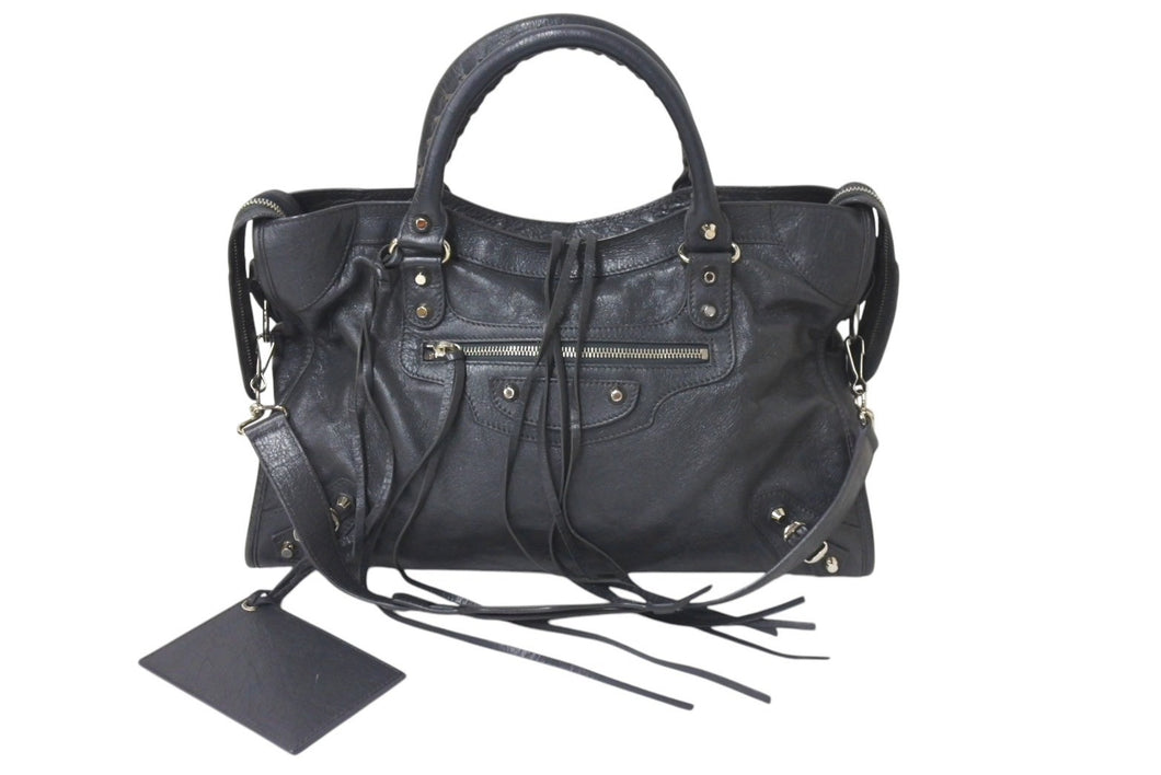 BALENCIAGA バレンシアガ The City ザシティ トートバッグ ハンドバッグ レザー グレー シルバー金具 美品 中古 4b001388