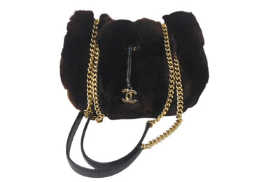 極美品 CHANEL シャネル チェーン ショルダーバッグ ハンドバッグ 10番台 ラパンファー レザー ブラウン ブラック ゴールド 中古 4b001391