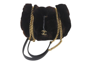 極美品 CHANEL シャネル チェーン ショルダーバッグ ハンドバッグ 10番台 ラパンファー レザー ブラウン ブラック ゴールド 中古 4b001391