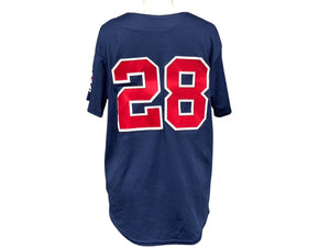 MAJESTIC マジェスティック ベースボールシャツ ユニフォーム 半袖 28 ポリエステル ネイビー レッド サイズYOUTH L 美品 中古 4b001407