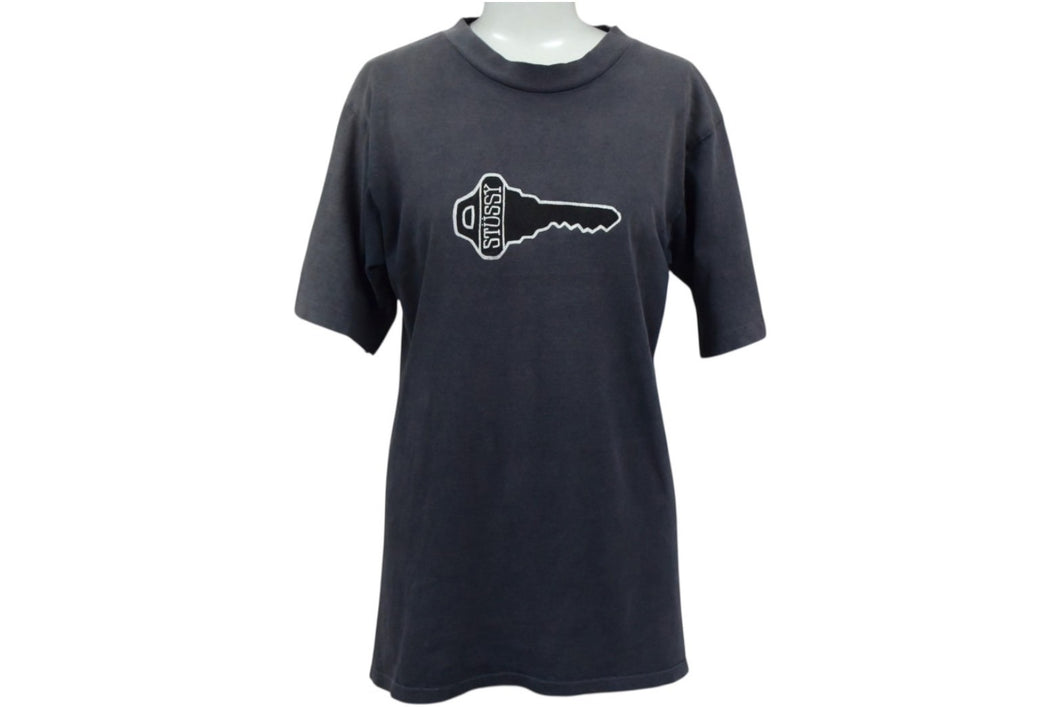 OLD STUSSY オールドステューシー VINTAGE ヴィンテージ 90's 半袖Tシャツ サイズS キーモチーフ サンフェード系 ネイビー 良品 中古 4b001431 