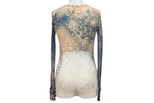JEAN PAUL GAULTIER MAILLE FEMME ジャン ポール ゴルチェ マイユファム パワーネット 長袖 トップス シアー タトゥー柄 サイズXS 美品 中古 4b001597 