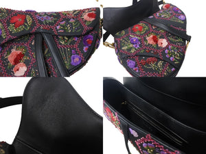 極美品 Christian Dior クリスチャンディオール サドルバッグ ワンショルダーバッグ 02-MA-0198 ボタニカル柄 花柄 刺繍 ブラック 中古 4b001649