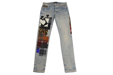 極美品 AMIRI アミリ デニム RN150712 パッチワーク レザー ダメージ加工 ウォッシュド加工 サイズ32 ブルー 中古 4b001665