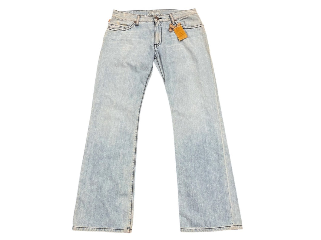 極美品 ROBIN'S JEAN ロビンズジーン ヴィンテージ加工 フレアデニムパンツ D5095 刺繍 スタッズ ライトインディゴ サイズ34 中古 4b001684
