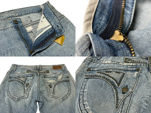 極美品 ROBIN'S JEAN ロビンズジーン ヴィンテージ加工 フレアデニムパンツ D5095 刺繍 スタッズ ライトインディゴ サイズ34 中古 4b001684