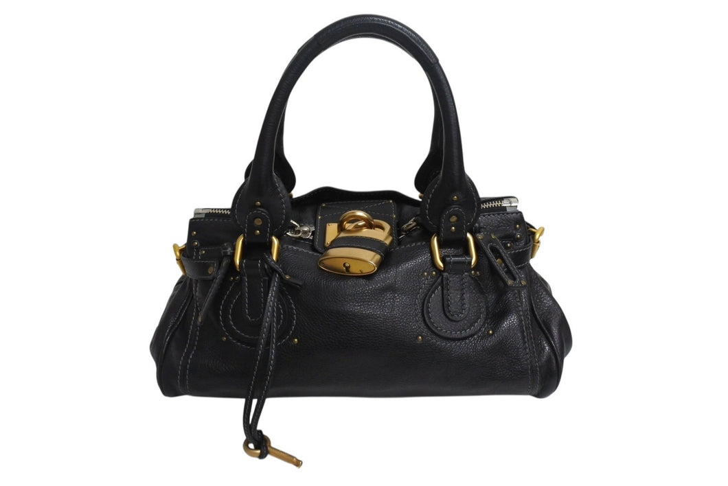 Chloe クロエ パディントン ワンショルダーバッグ ブラック レザー 7ESA02 ロゴ ステッチ ハンドバッグ ゴールド金具 美品 中古 4b001698