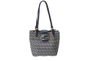 FENDI フェンディ マンマバケット トートバッグ ハンドバッグ ズッキーノ ネイビー コットンキャンバス シルバー金具 中古 4b001755