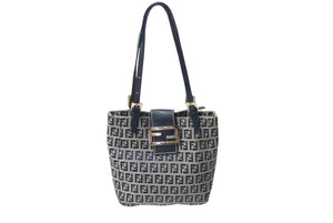 FENDI フェンディ マンマバケット トートバッグ ハンドバッグ ズッキーノ ネイビー コットンキャンバス シルバー金具 中古 4b001755