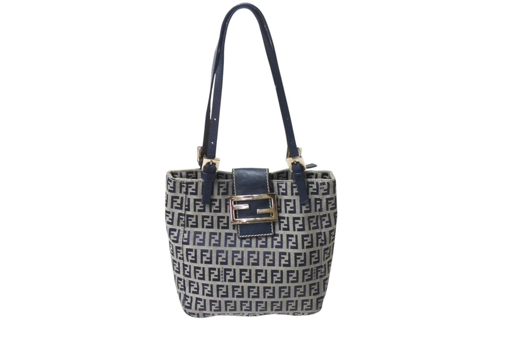 FENDI フェンディ マンマバケット トートバッグ ハンドバッグ ズッキーノ ネイビー コットンキャンバス シルバー金具 中古 4b001755