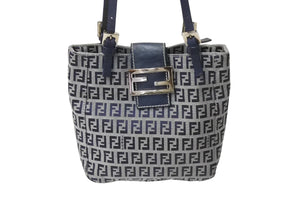FENDI フェンディ マンマバケット トートバッグ ハンドバッグ ズッキーノ ネイビー コットンキャンバス シルバー金具 中古 4b001755