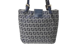 FENDI フェンディ マンマバケット トートバッグ ハンドバッグ ズッキーノ ネイビー コットンキャンバス シルバー金具 中古 4b001755