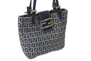 FENDI フェンディ マンマバケット トートバッグ ハンドバッグ ズッキーノ ネイビー コットンキャンバス シルバー金具 中古 4b001755