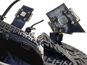 FENDI フェンディ マンマバケット トートバッグ ハンドバッグ ズッキーノ ネイビー コットンキャンバス シルバー金具 中古 4b001755