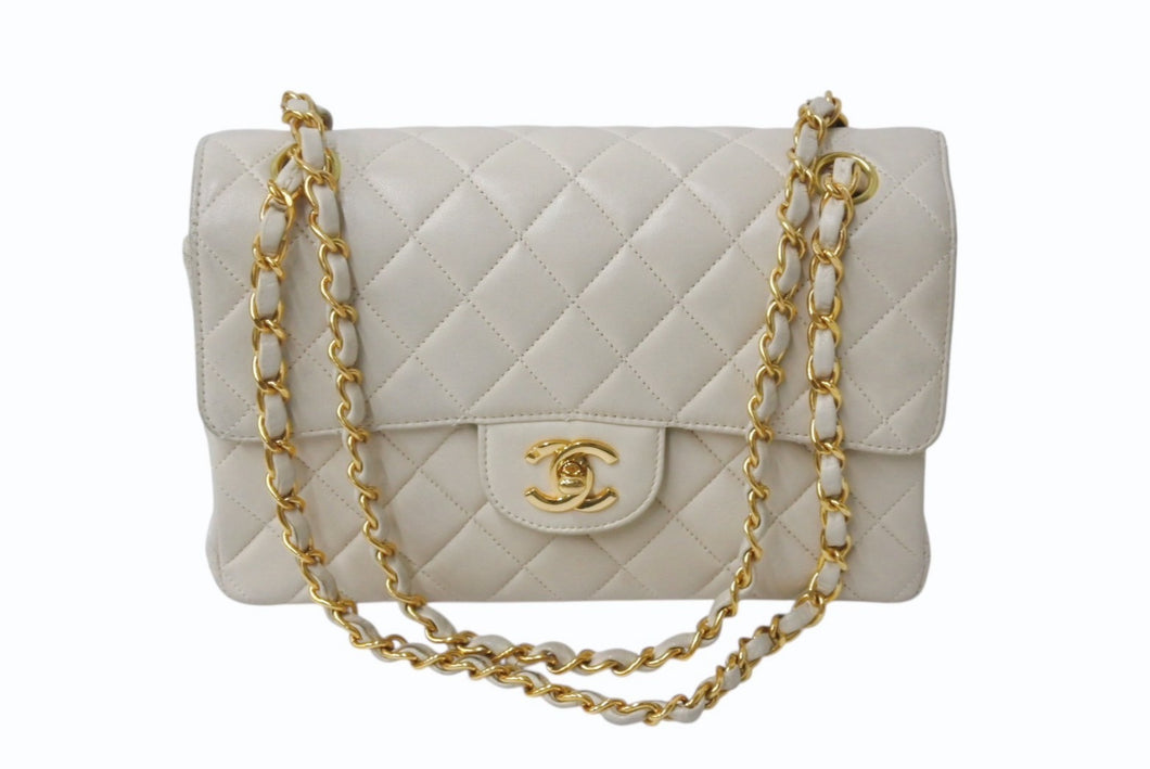 極美品 CHANEL シャネル ダブルフェイス マトラッセ 23 両面フラップ ダブルチェーン ショルダーバッグ ラムスキン ベージュ ゴールド金具 4番台 中古 4b001765