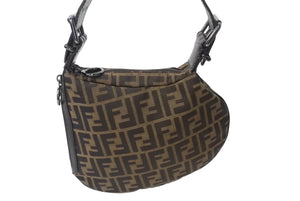 FENDI フェンディ ズッカ柄 ワンショルダーバッグ ハンドバッグ FF キャンバス レザー ブラウン ブラック ブラックメタル 美品 中古 4b001852