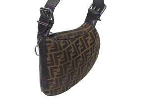 FENDI フェンディ ズッカ柄 ワンショルダーバッグ ハンドバッグ FF キャンバス レザー ブラウン ブラック ブラックメタル 美品 中古 4b001852