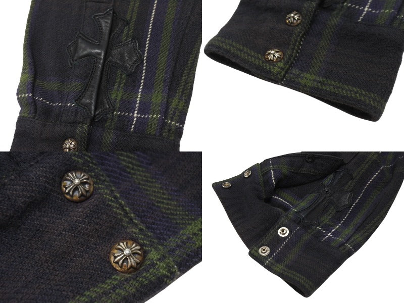 Chrome Hearts - CHROME HEARTS クロムハーツ LOOSE END 長袖シャツ サイズL チェック柄 クロスボールボタン CHクロスレザーパッチ チャコール系 美品 中古 4b001886 CHROME HEARTS クロムハーツ LOOSE END 長袖シャツ サイズL
