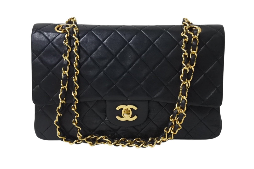 極美品 CHANEL シャネル マトラッセ25 Wフラップ Wチェーンショルダーバッグ 1番台 ラムスキン ココマーク ブラック ゴールド金具 中古 4b001920