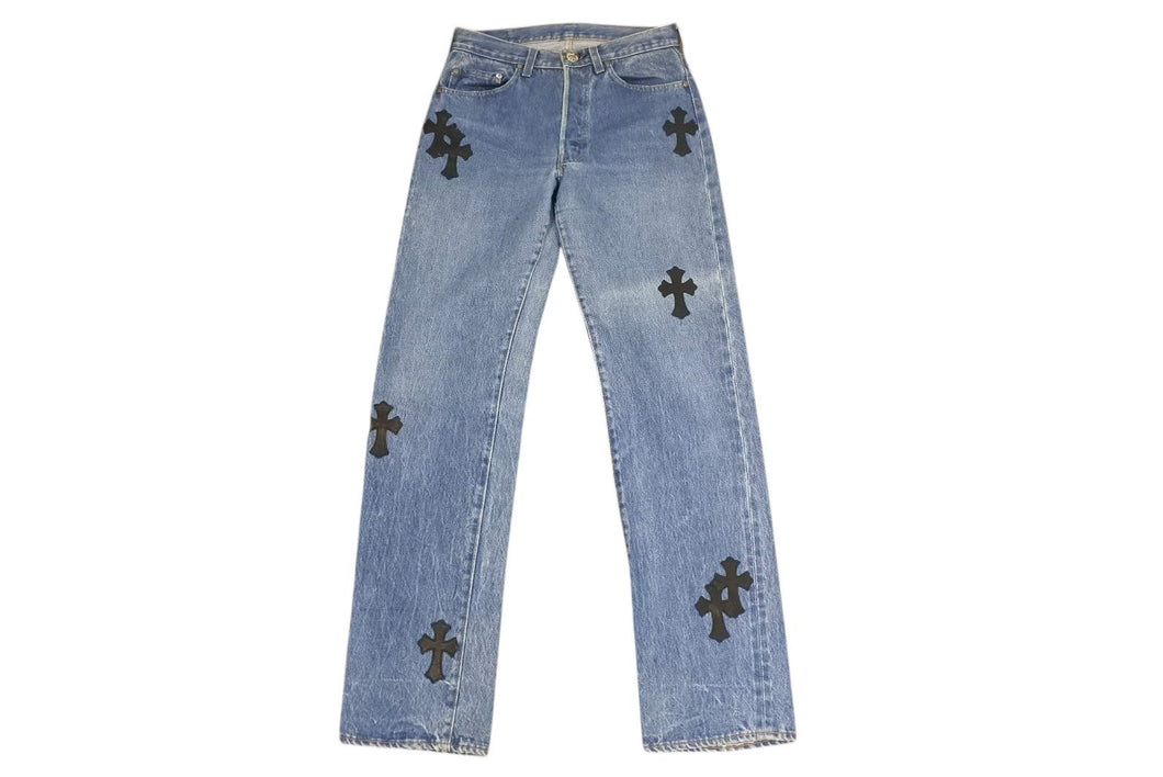 極美品 CHROME HEARTS クロムハーツ LEVI'S 505 U VNTG JEAN クロスパッチデニムパンツ インディゴブルー サイズ27 中古 4b001965 