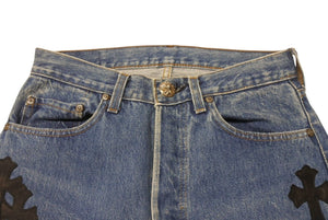 極美品 CHROME HEARTS クロムハーツ LEVI'S 505 U VNTG JEAN クロスパッチデニムパンツ インディゴブルー サイズ27 中古 4b001965 