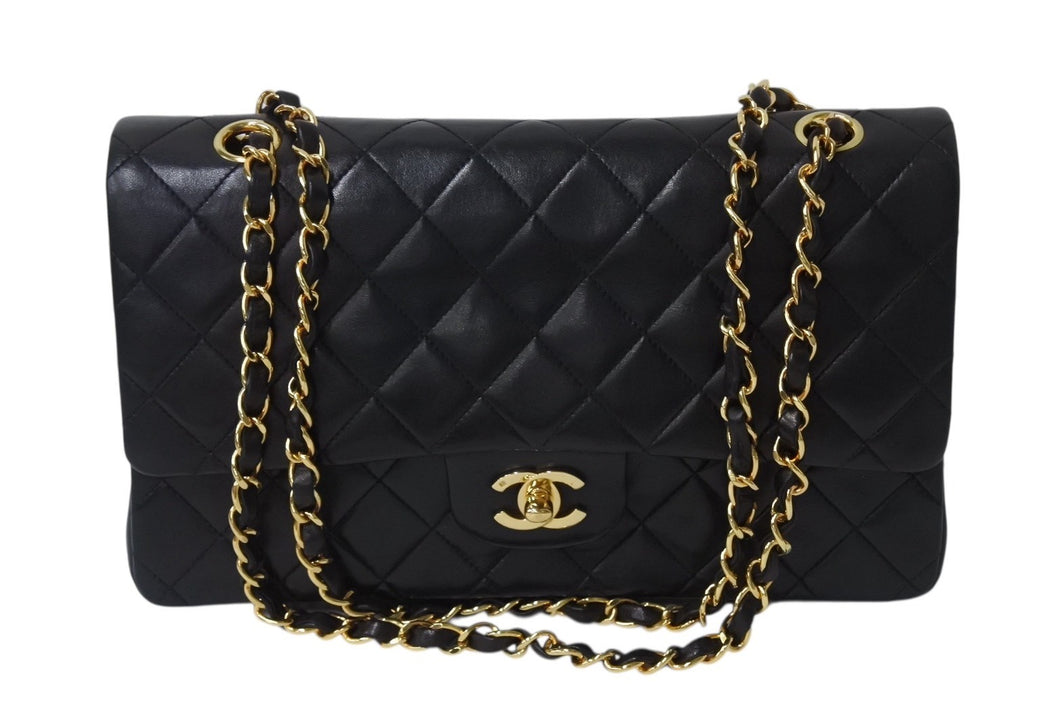 極美品 CHANEL シャネル マトラッセ25 Wフラップ Wチェーンショルダーバッグ 2番台 ラムスキン ココマーク ブラック ゴールド金具 中古 4b002135
