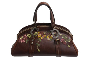 Christian Dior クリスチャンディオール ハンドバッグ ヴィンテージ ロゴモチーフ フラワー刺繍 ブラウン 美品 中古 4b002160