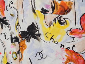 CHANEL シャネル ヴィンテージ 総柄 シルク 長袖シャツ マルチカラー ココマーク ココボタン ロゴ ペイント 美品 中古 22383