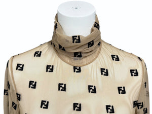FENDI フェンディ シアー 長袖トップス FS7193 サイズ36 ハイネック ジップ FFロゴ 総柄 刺繍 ベージュ 美品 中古 4b002288