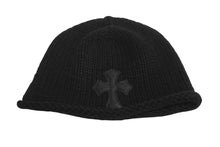 画像をギャラリービューアに読み込む, CHROME HEARTS クロムハーツ レザークロスパッチ クロスボール カシミヤビーニー ニット帽 レザー ブラック 美品 中古 4b002355 