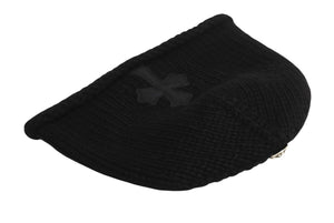 CHROME HEARTS クロムハーツ レザークロスパッチ クロスボール カシミヤビーニー ニット帽 レザー ブラック 美品 中古 4b002355 