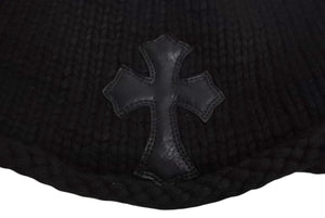 CHROME HEARTS クロムハーツ レザークロスパッチ クロスボール カシミヤビーニー ニット帽 レザー ブラック 美品 中古 4b002355 