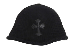 CHROME HEARTS クロムハーツ レザークロスパッチ クロスボール カシミヤビーニー ニット帽 レザー ブラック サイズOS 美品 中古 4b002356 