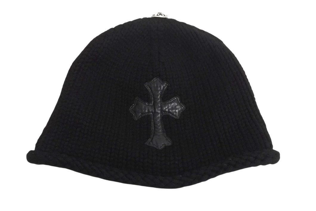CHROME HEARTS クロムハーツ レザークロスパッチ クロスボール カシミヤビーニー ニット帽 レザー ブラック サイズOS 美品 中古 4b002356 