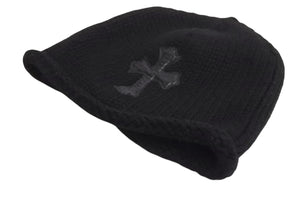 CHROME HEARTS クロムハーツ レザークロスパッチ クロスボール カシミヤビーニー ニット帽 レザー ブラック サイズOS 美品 中古 4b002356 