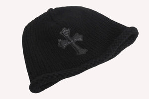 CHROME HEARTS クロムハーツ レザークロスパッチ クロスボール カシミヤビーニー ニット帽 レザー ブラック サイズOS 美品 中古 4b002356 