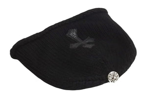 CHROME HEARTS クロムハーツ レザークロスパッチ クロスボール カシミヤビーニー ニット帽 レザー ブラック サイズOS 美品 中古 4b002356 